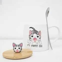 Taxta Qapaqlı Pişik Dizaynlı Çay/Qəhvə Fincanı thumbnail